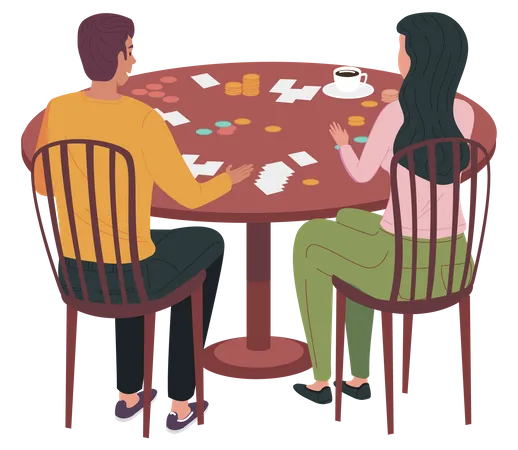 Young People Spend Time Together In Their Apartment Girl And Guy With Board Game On Table Couple Is Sitting At Table And Playing Board Game At Home Family Communicates During Process Of Playing Illustration