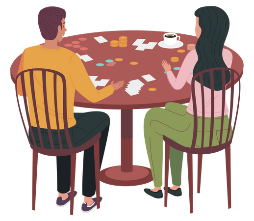 Couple sitting at table play board game at home  Illustration