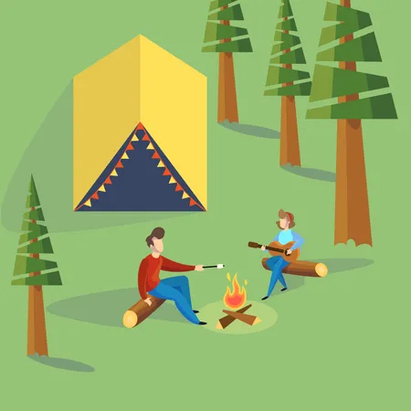 Couple sitting at the campfire and girl playing guitar Illustration