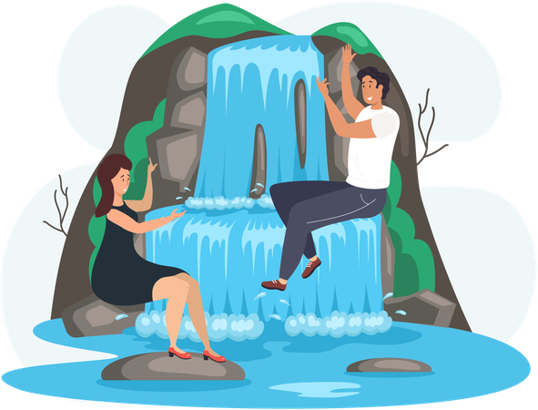 Couple sitting at waterfall  Illustration