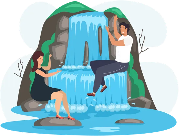 Couple sitting at waterfall  Illustration