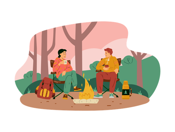 Couple sitting by campfire at forest campsite  Illustration