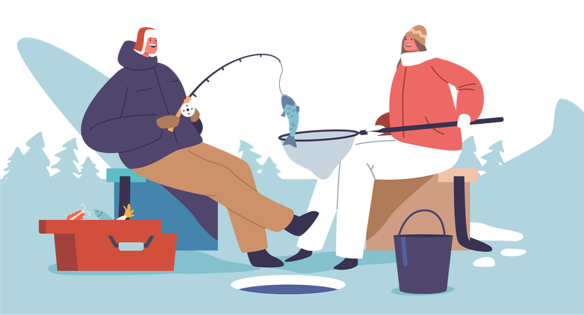 Couple Sitting Face To Face On  Frozen Lake  イラスト