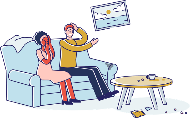Couple sitting in a messy living room  Illustration