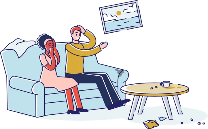 Couple sitting in a messy living room Illustration