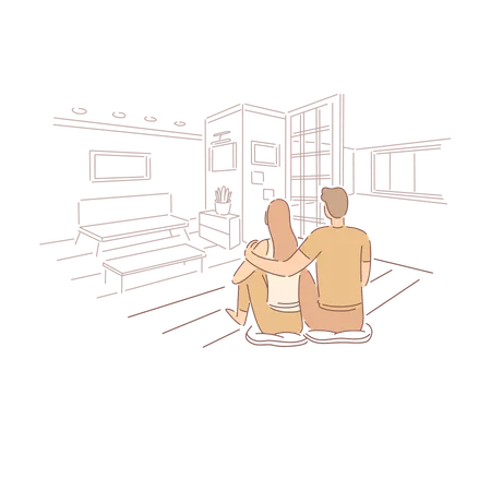Couple Sitting In Apartment Together Man Hugging Woman On Floor Of Living Room Cute Pastime For Lovers Banner Family Dream House Cartoon Concept Sketch Flat Vector Illustration Illustration