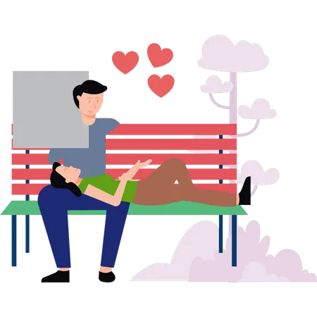 A Girl Is Lying On A Boys Lap On A Park Bench Illustration