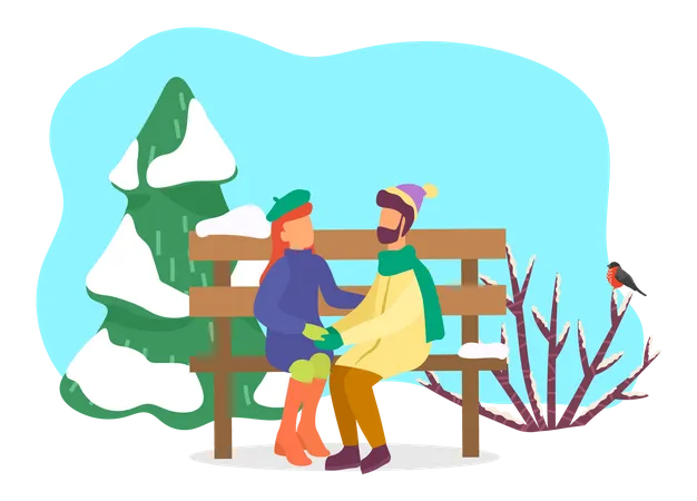 Couple sitting in park in winter season  Illustration