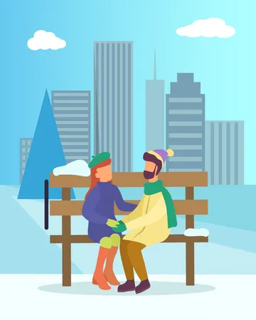 Couple sitting in park wearing winter clothes  Illustration