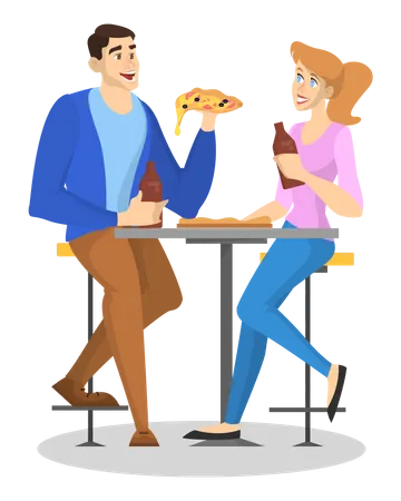 Couple sitting in the cafe while drink beer and eat pizza  Illustration
