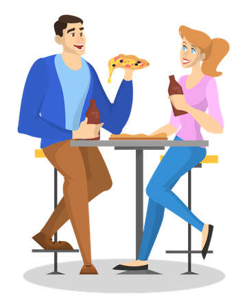 Couple sitting in the cafe while drink beer and eat pizza  Illustration