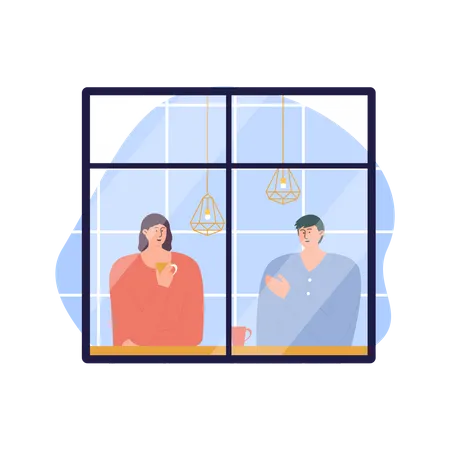 Couple sitting inside cafe while looking outside  Illustration