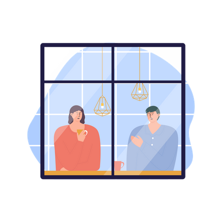 Couple sitting inside cafe while looking outside  Illustration