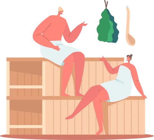 Couple sitting inside sauna and talking  Illustration