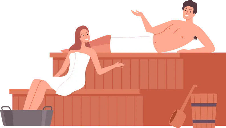 Couple sitting inside sauna and talking  Illustration