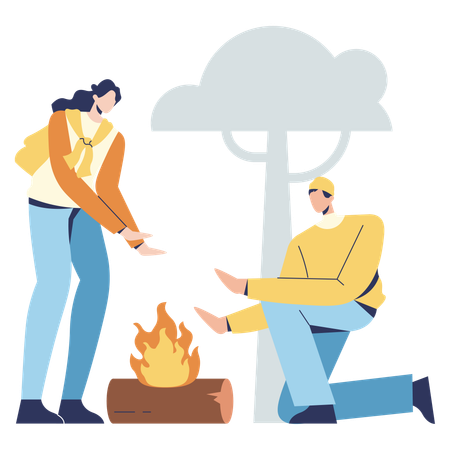 Couple sitting near Bonfire on camping  Illustration