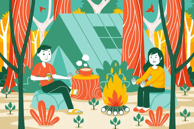 Couple sitting near campfire  Illustration