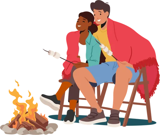 Couple sitting near campfire Illustration