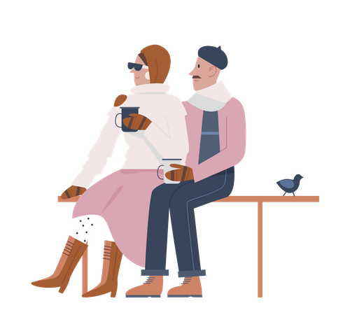 Couple sitting on beach and having coffee  Illustration