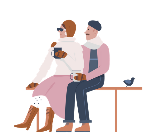 Couple sitting on beach and having coffee  Illustration