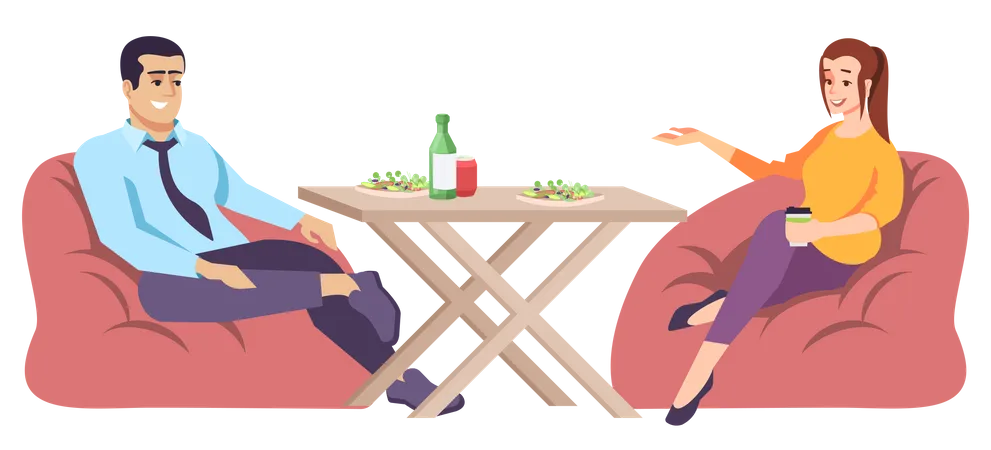 Man And Woman At Table Flat Vector Illustration Coupe Of People Speaking At Lunch Sitting On Bag Chairs Olleagues At Street Food Cafe Isolated Cartoon Characters On White Background Illustration