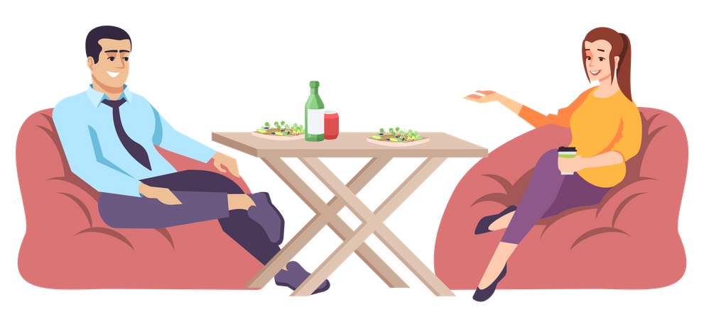 Couple sitting on beanbag and having lunch  Illustration