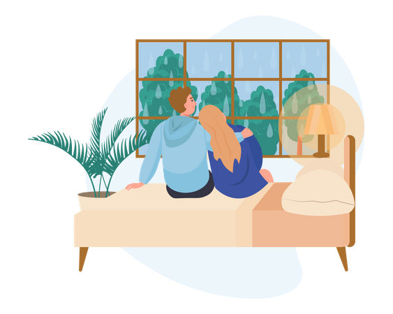 Couple sitting on bed front of window Illustration