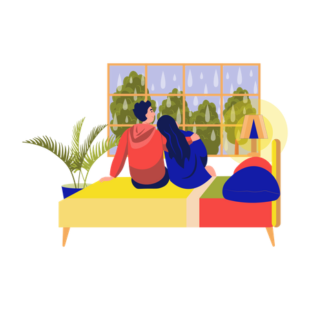 Couple sitting on bed front of window  Illustration