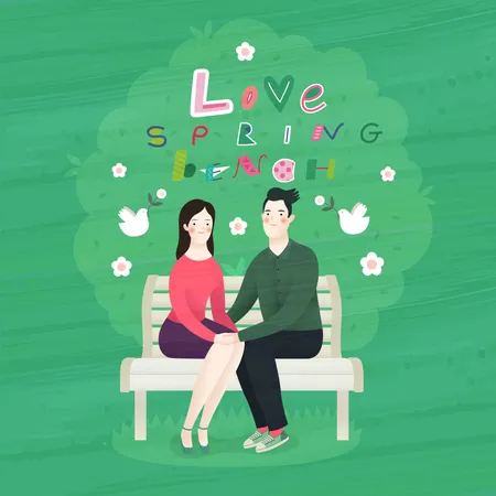 Love Spring Bench Lettering A Couple In Love Sitting On A Bench Under The Tree Illustration