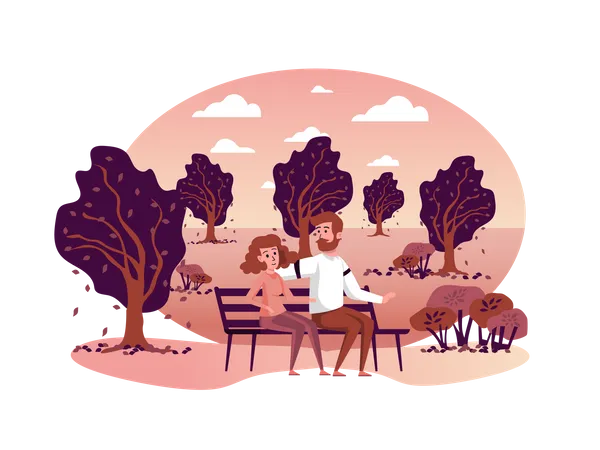 Couple Sitting On Bench In Autumn Park Isolated Scene Man And Woman Hugging And Spending Time Together Outdoors Autumn Landscape And Seasonal Activities Vector Illustration In Flat Cartoon Design Illustration