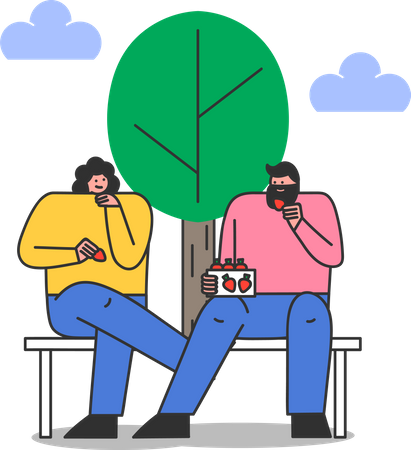 Couple sitting on bench in park and eating strawberry Illustration