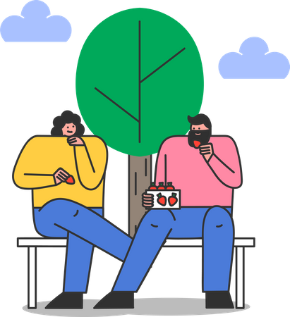 Couple sitting on bench in park and eating strawberry  Illustration