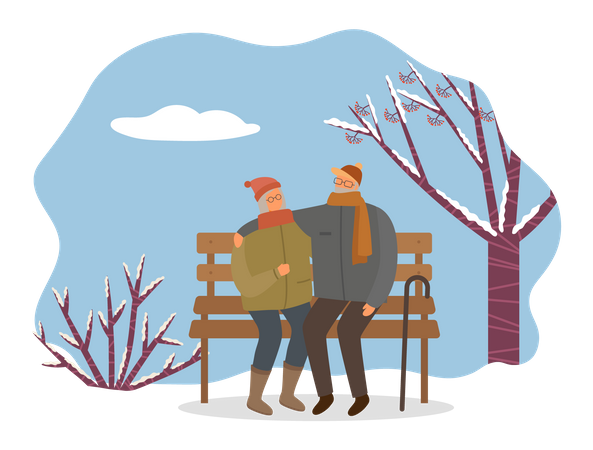 Couple sitting on bench in winter  Illustration