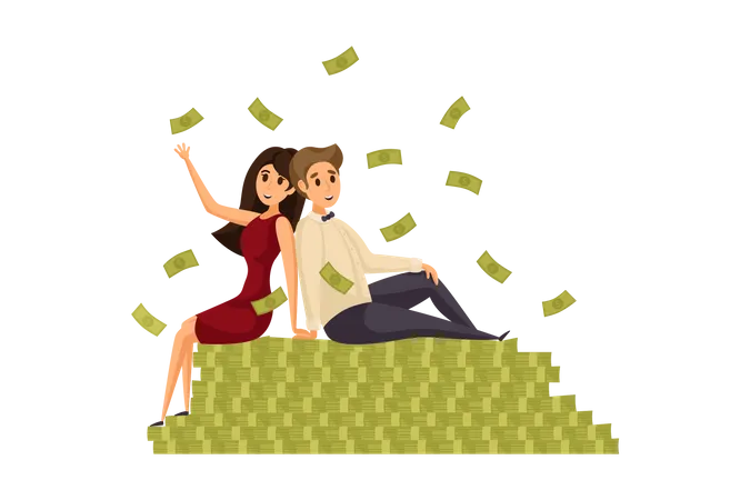 Couple sitting on cash bundles  Illustration