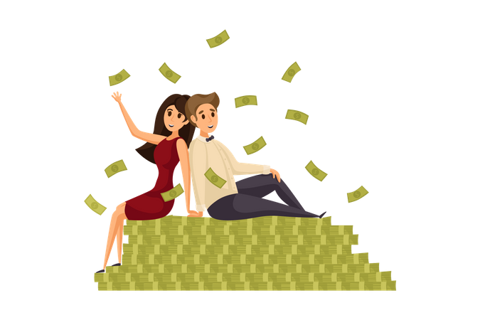 Couple sitting on cash bundles  Illustration