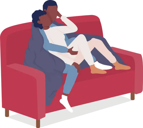 Couple Sitting On Couch Semi Flat Color Vector Characters Sitting Figures Full Body People On White Romantic Date Simple Cartoon Style Illustration For Web Graphic Design And Animation Illustration