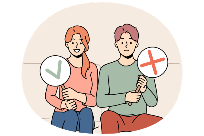 Couple sitting on couch showing yes and no signs  Illustration