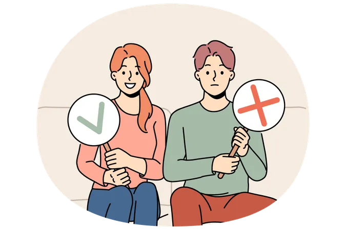 Couple sitting on couch showing yes and no signs  Illustration