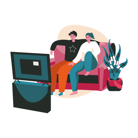 Couple sitting on couch watching TV Illustration