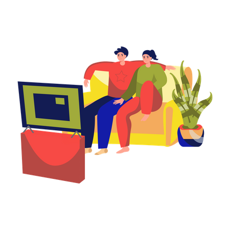 Couple sitting on couch watching TV  Illustration