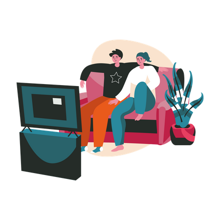 Couple sitting on couch watching TV  Illustration