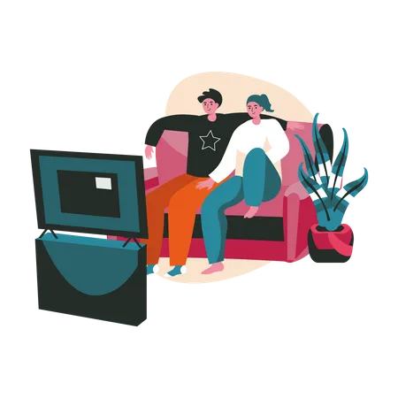 Couple sitting on couch watching TV  Illustration