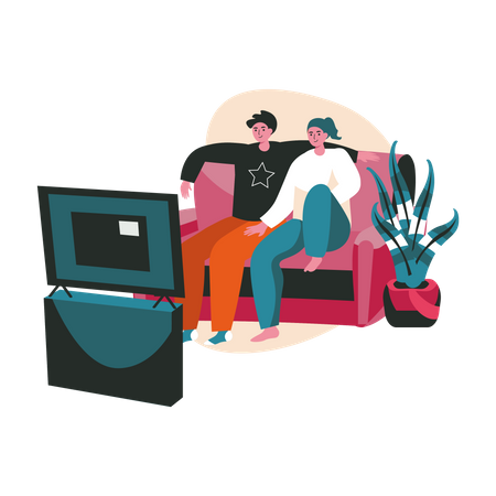 Couple sitting on couch watching TV  일러스트레이션