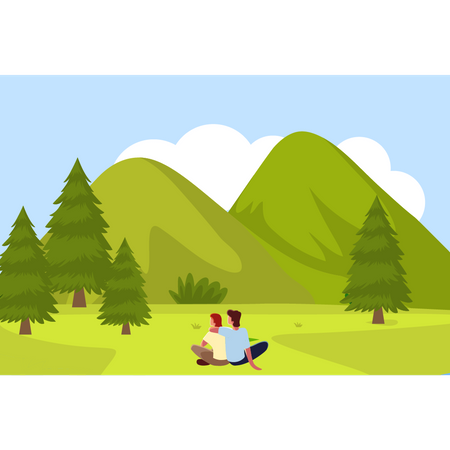 Couple sitting on field and enjoying the view Illustration