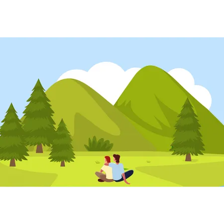 Couple sitting on field and enjoying the view  Illustration