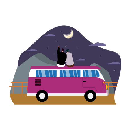 Couple sitting on roof of camping van and looking on sky  Illustration