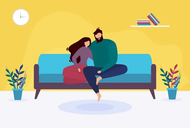 Couple Sitting on Sofa Illustration