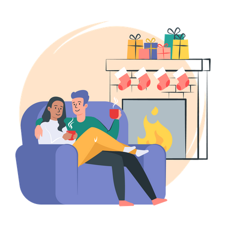 Couple Sitting on Sofa and Drinking Coffee in Front Of Fireplace Illustration
