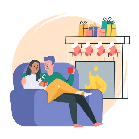 Couple Sitting on Sofa and Drinking Coffee in Front Of Fireplace  Illustration