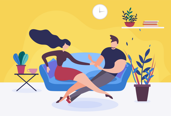 Couple sitting on sofa having conversation  Illustration